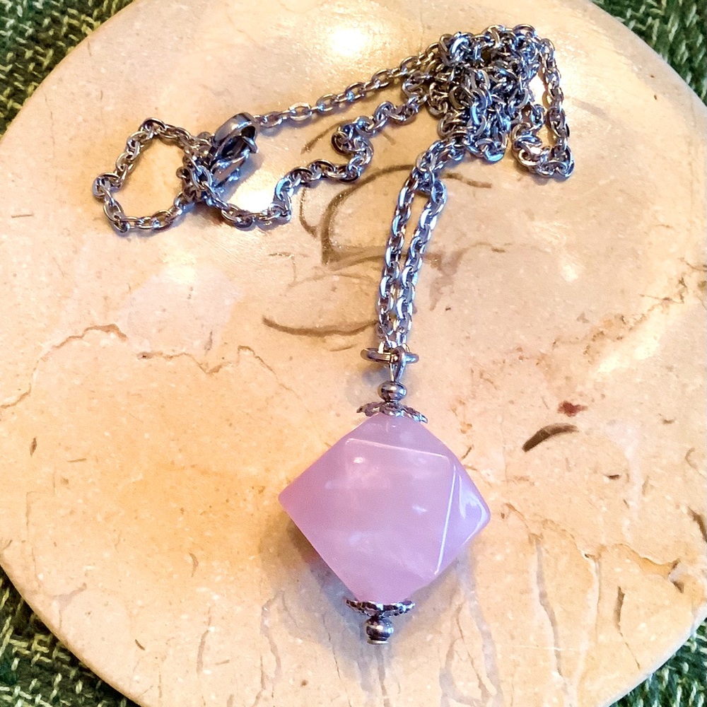 Rose Quartz Diamond Cut Vintage bead Necklace 17”